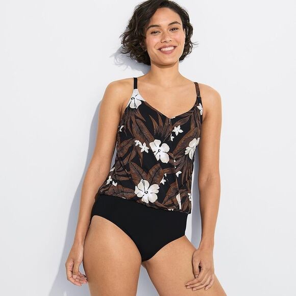 Land's End one piece swimsuit slender suit fabric fauxkini black floral palm 14 - Picture 4 of 7